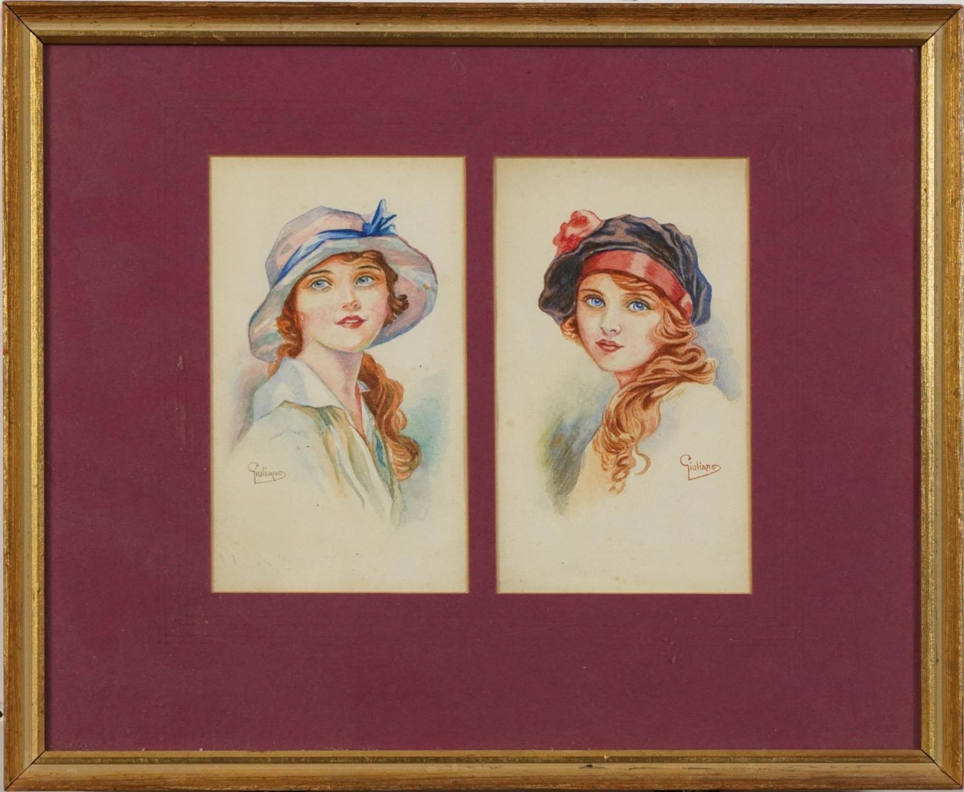 Jiuliano - Art Nouveau females wearing hats, pair of Italian watercolours, mounted and framed as - Bild 4 aus 7