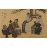 Elders and scribes, Chinese watercolour on silk with character marks and red seal mark, mounted,