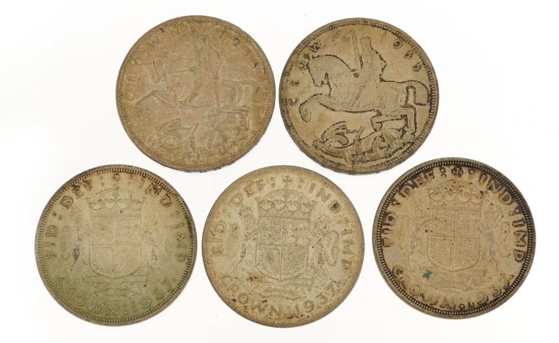 Five George V and George VI crowns comprising three 1935 Rocking Horse and 1937 : For further