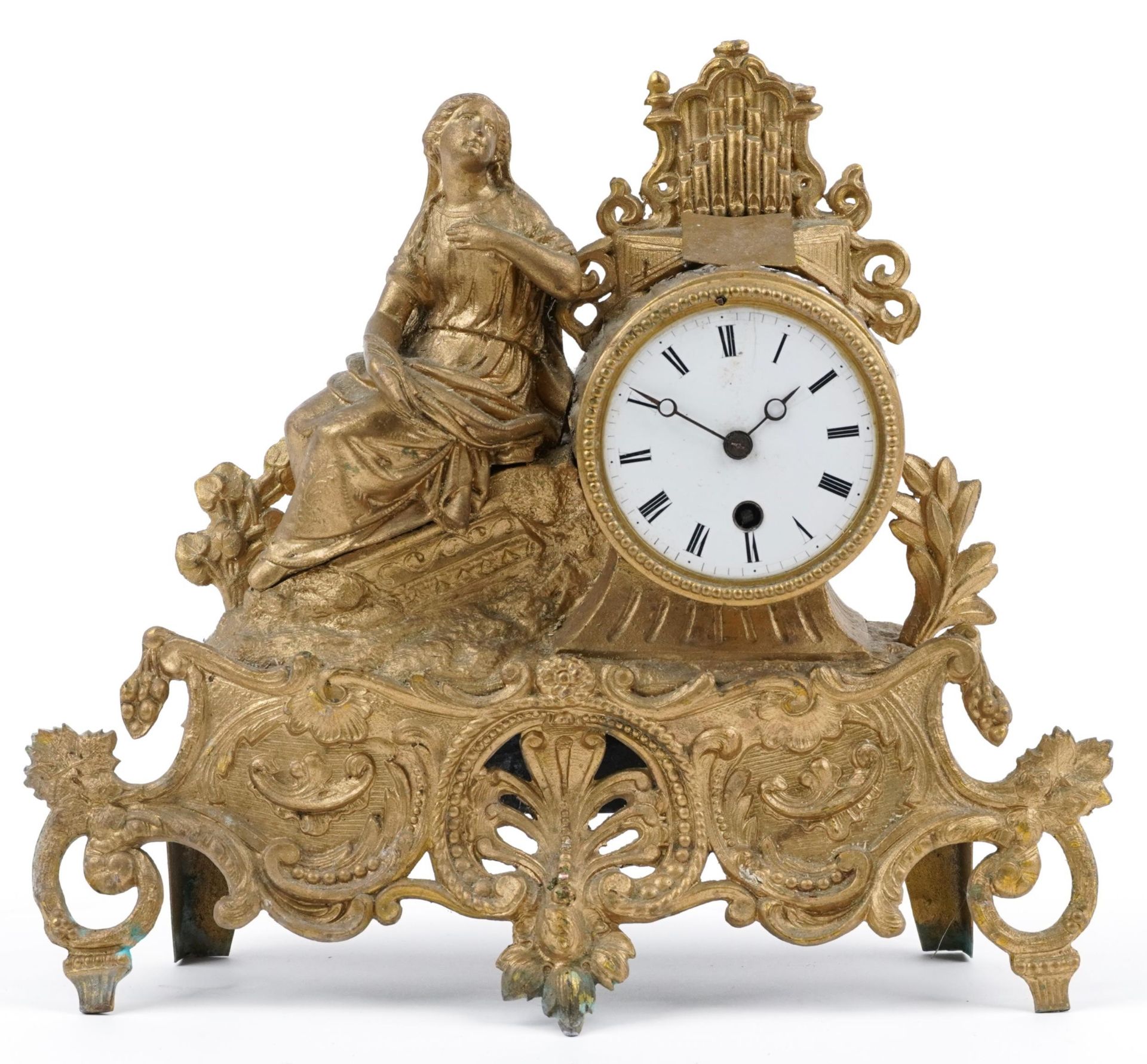 French gilt spelter mantle clock mounted with a maiden, the enamelled dial with Roman numerals, 32cm