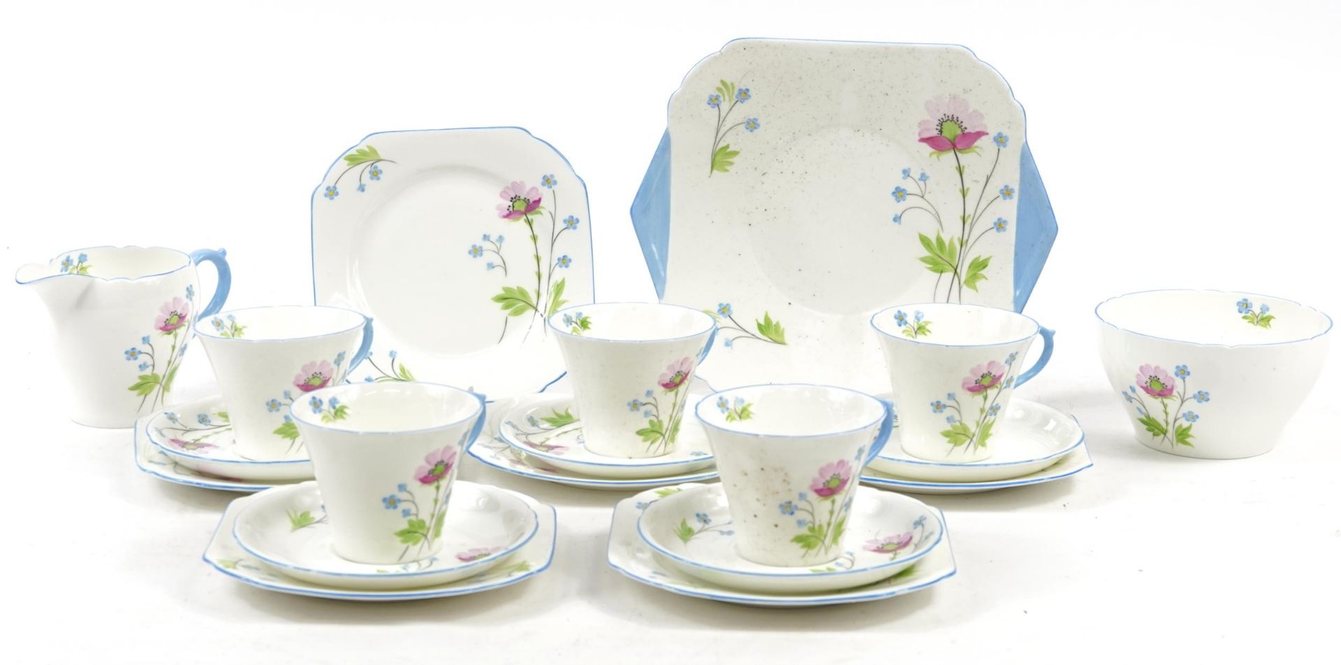 Shelley part tea service hand painted with flowers including trios and sandwich plate, 25cm wide :