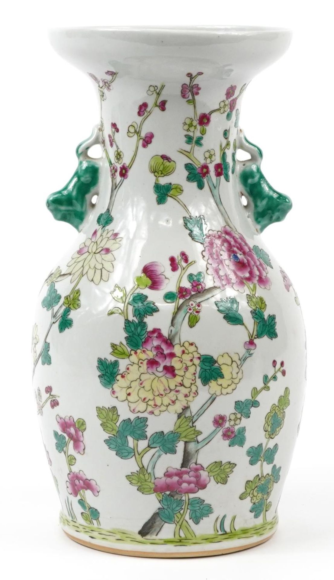 Chinese porcelain vase with animalia handles hand painted in the famille rose palette with