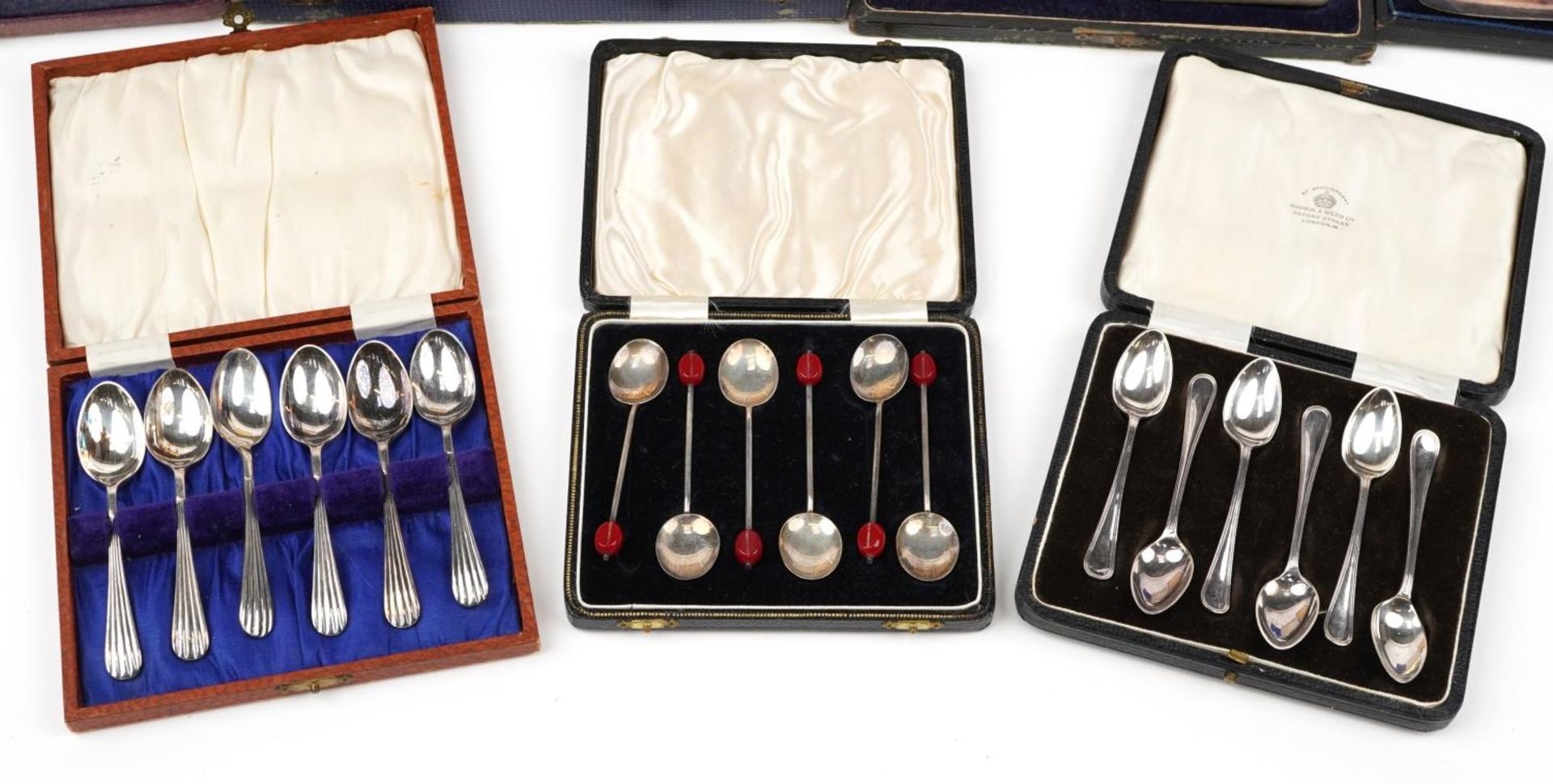 Set of six silver coffee bean spoons with fitted case and six sets of silver plated teaspoons and - Image 4 of 6