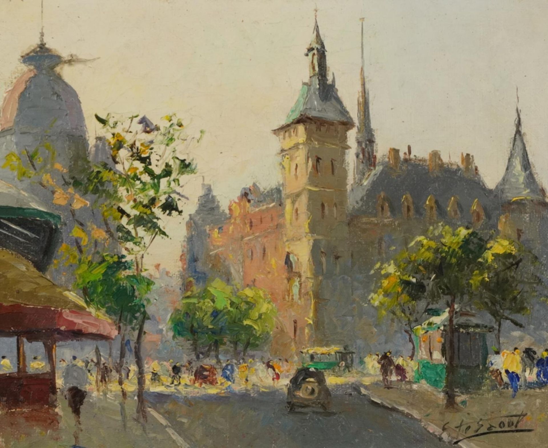Edouard le Saout - Parisian street scene with figures, French Impressionist oil on canvas, mounted