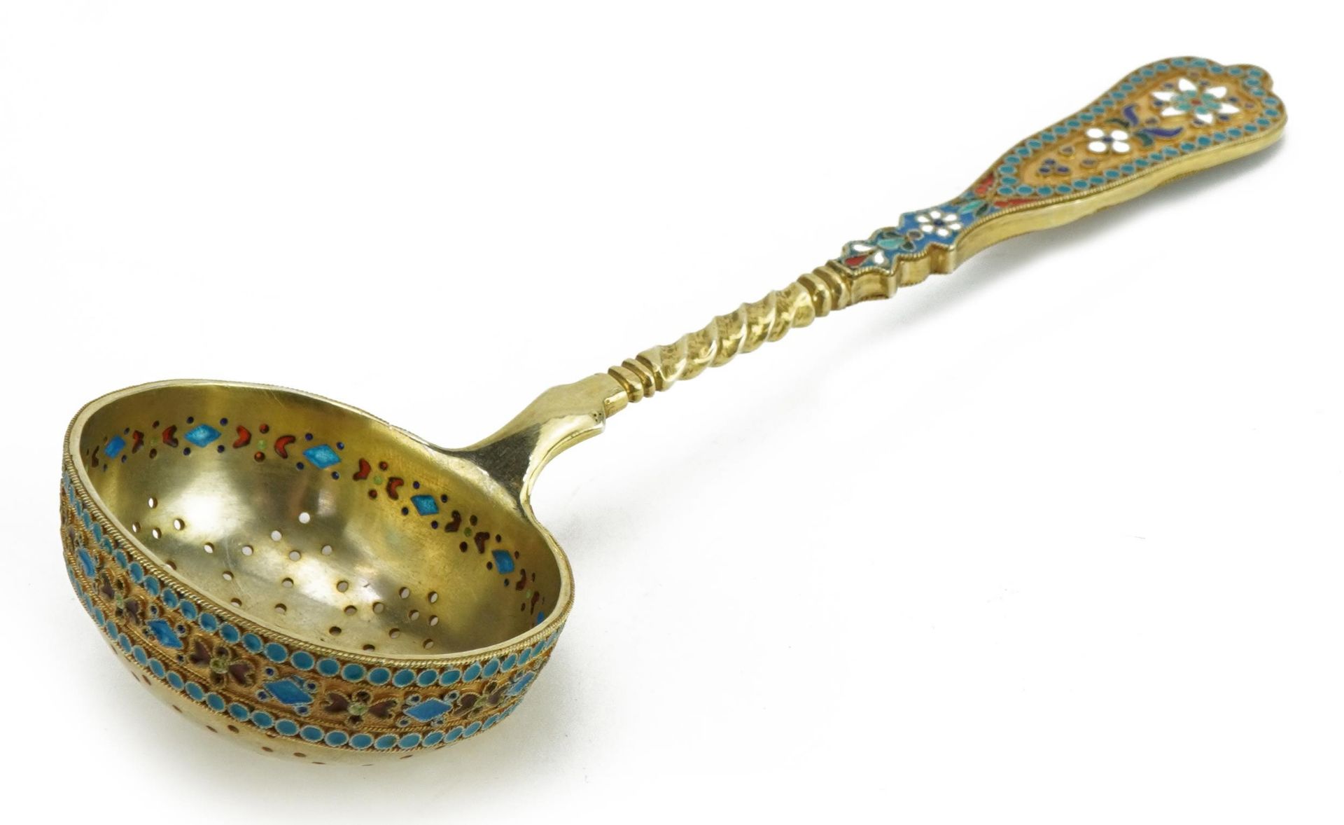 Silver gilt champleve enamel sifting spoon, impressed Russian marks, 16.5cm in length, 72.3g : For