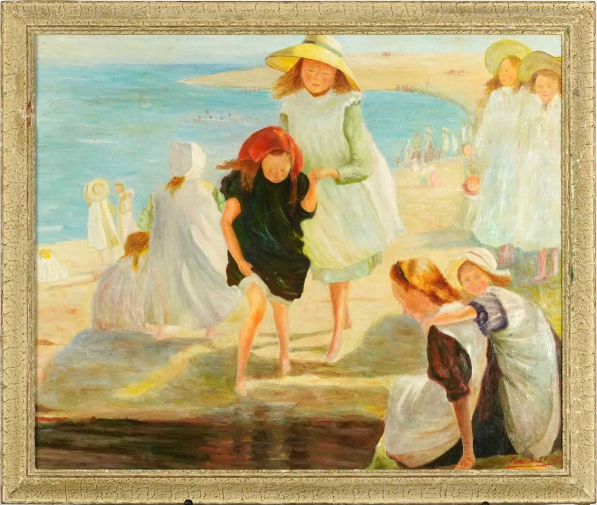 Manner of Laura Knight - Children playing on a beach, Modern British oil on board, mounted and - Image 2 of 4