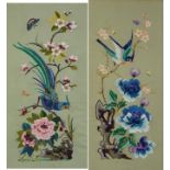 Birds of paradise amongst flowers, two Chinese embroidered panels, framed and glazed, the largest