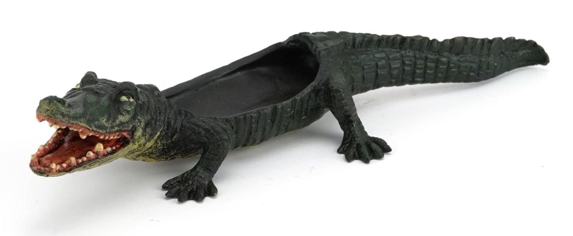 Cold painted bronze crocodile in the manner of Franz Xaver Bergmann, 21.5cm in length : For