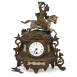 French style gilt metal mantle clock surmounted with a figure on horseback, 28cm wide : For