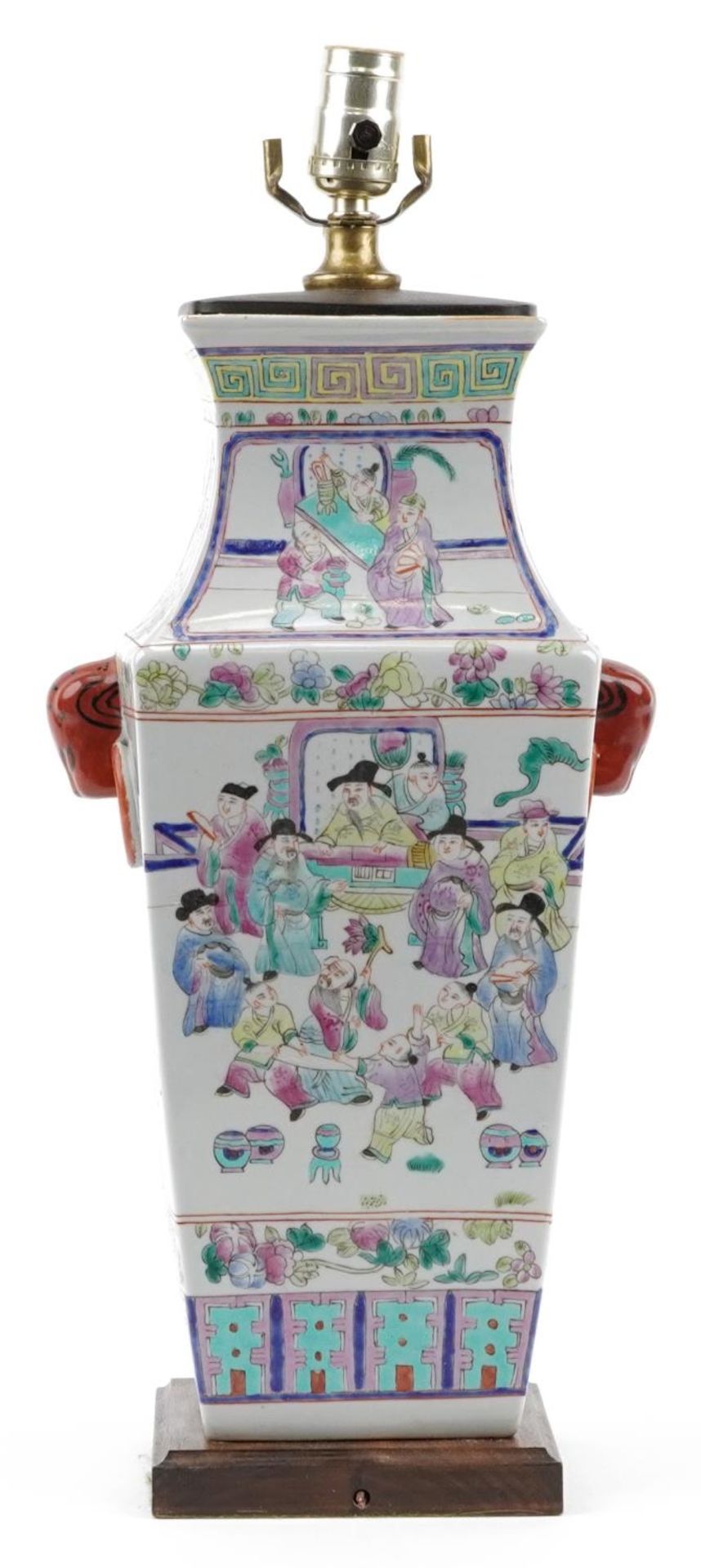 Chinese porcelain vase lamp base with twin animalia handles, hand painted in the famille rose - Bild 2 aus 3