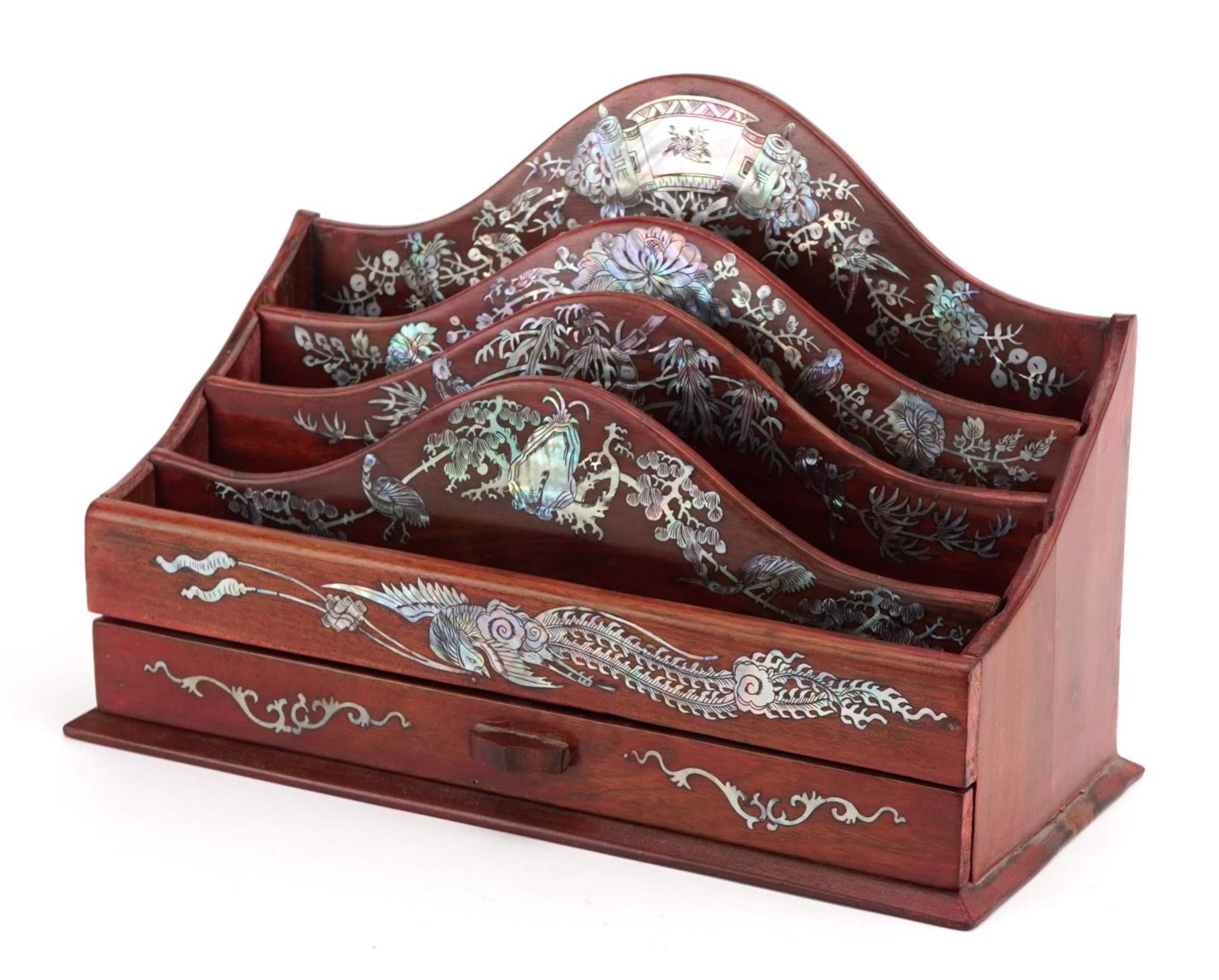 Chinese hardwood letter rack with base drawer having mother of pearl inlay decorated with