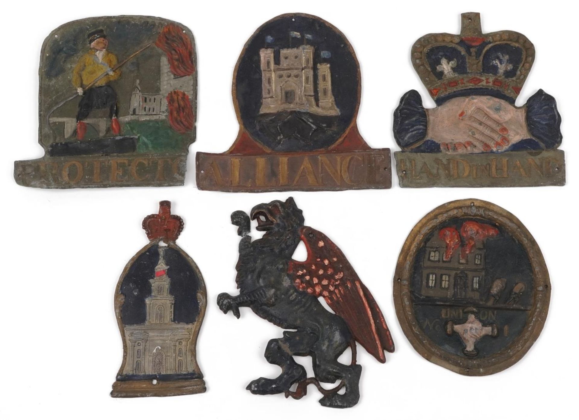 Six lead fire insurance plaques including Alliance and Hand in Hand, the largest 22cm high : For
