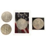 Four United States of America one ounce fine silver Liberty dollars comprising dates 2008, 2013,