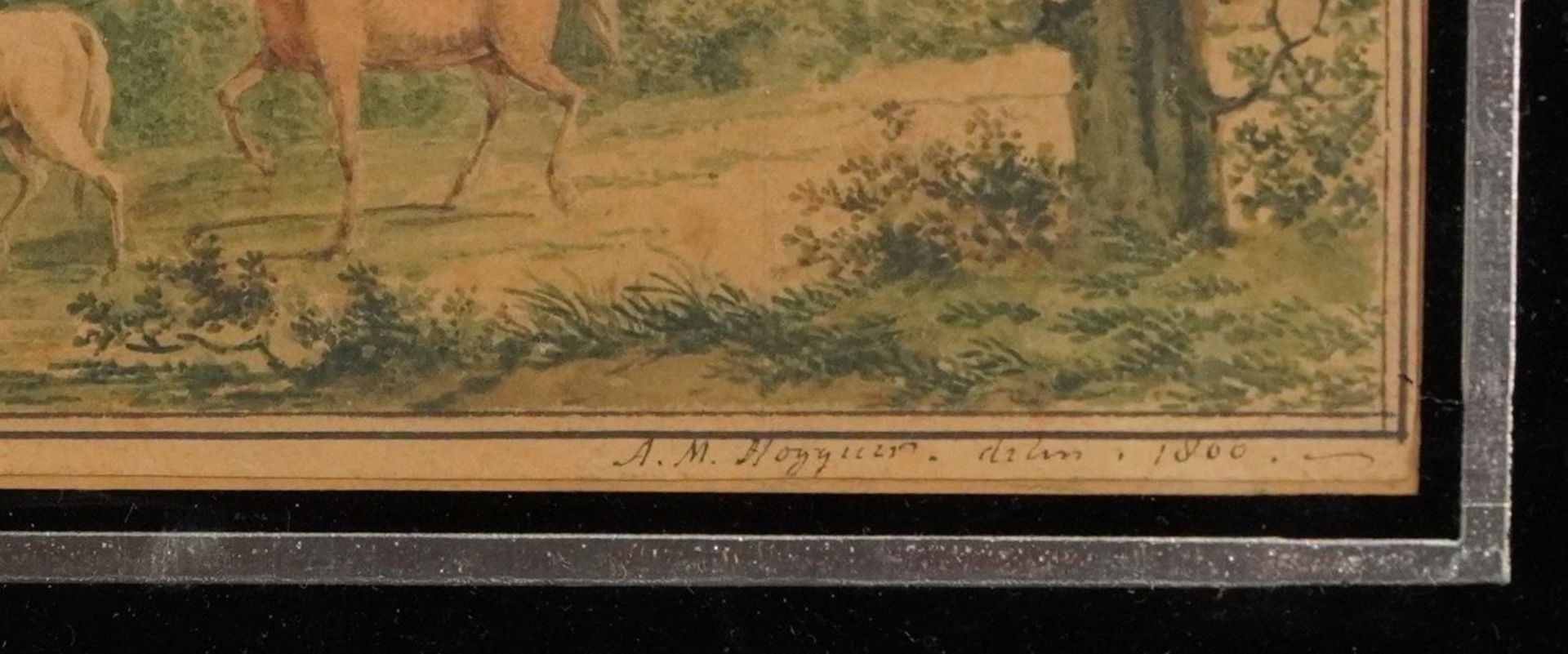 Figure on horseback before a landscape, early 19th century watercolour, indistinctly inscribed and - Image 3 of 4