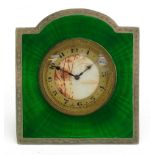 Henry Matthews, George V silver and green guilloche enamel strut clock, the gilt dial with Arabic