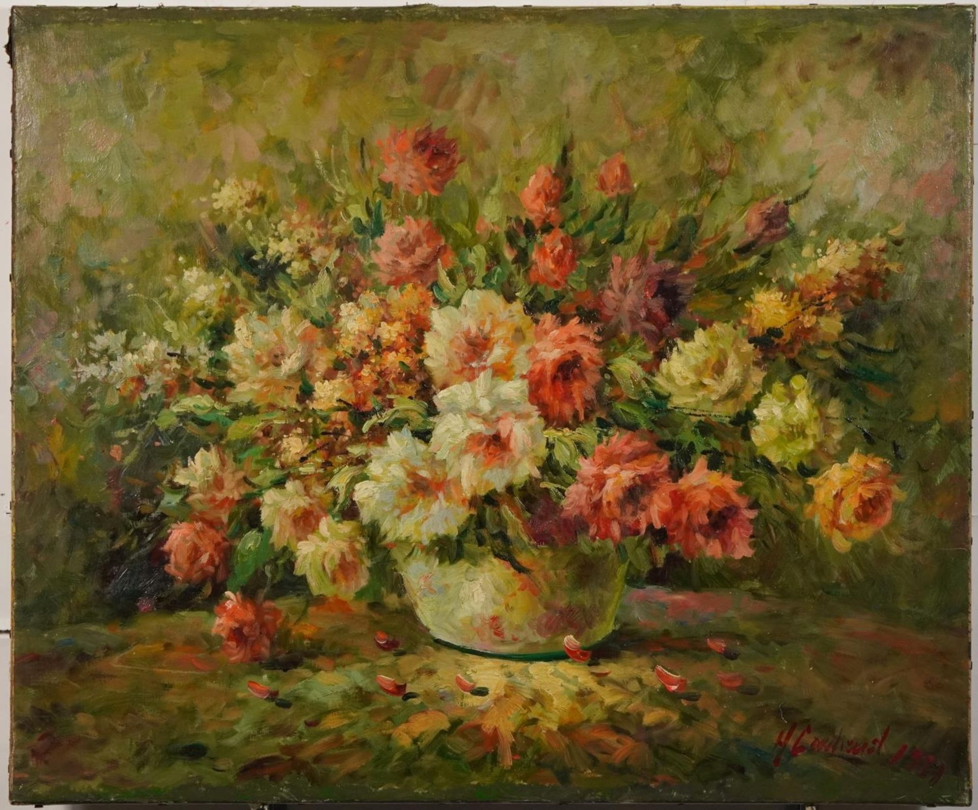 Still life flowers in a vase, French school Impressionist oil on canvas, unframed, 76cm x 63cm : For - Image 2 of 5