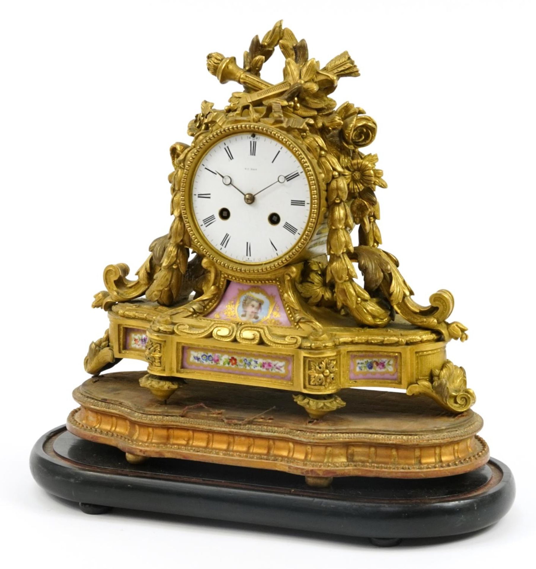 D C Rait, 19th century French Ormolu mantle clock striking on a bell with Sevres type panels hand