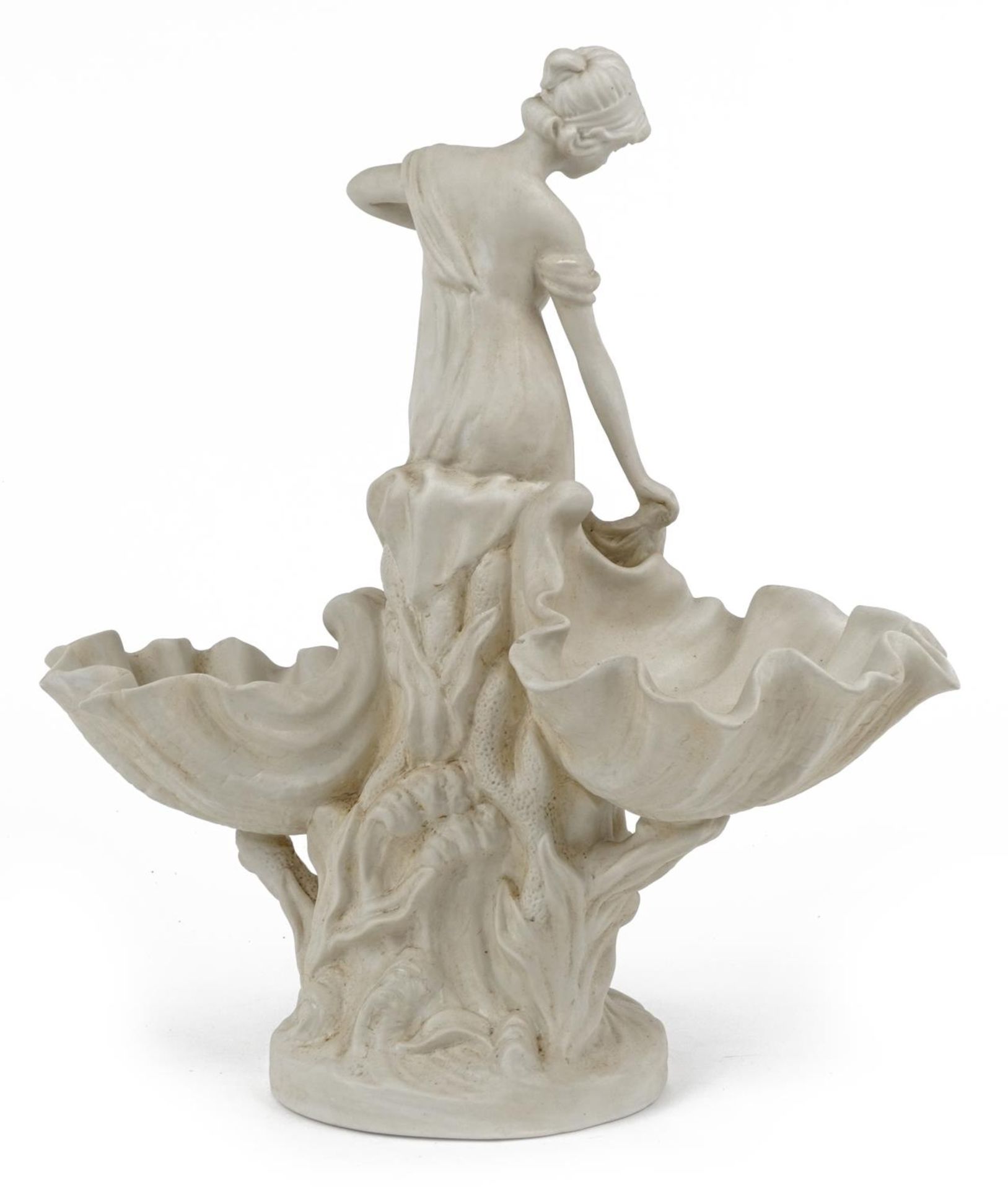 Continental Parian style centrepiece of a female with two shells, blue crossed sword marks to the - Bild 2 aus 4