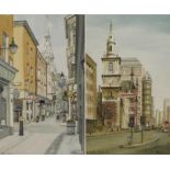 Peter W Edmonds - St Botolph, Bishopsgate and Bow Lane, City, pair of ink and watercolours, each