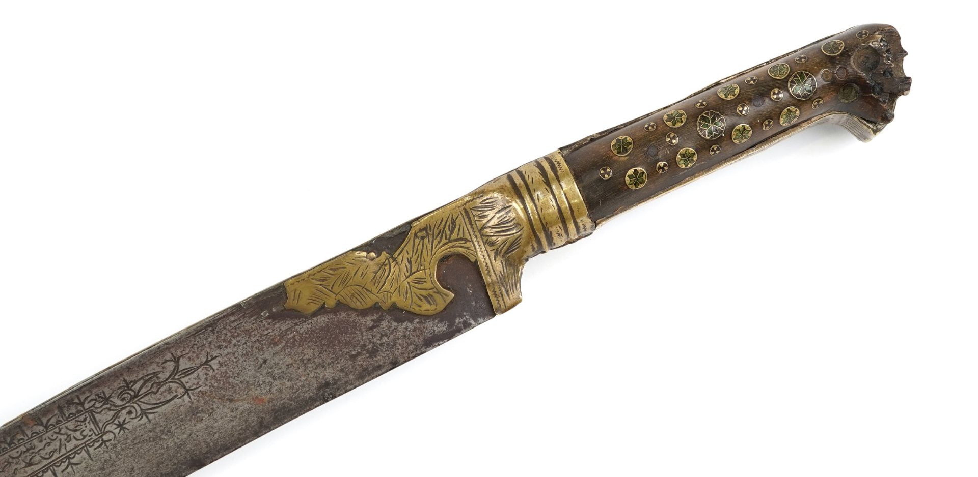 Antique Islamic Yatagan sword with horn handle, brass mounts and steel blade engraved with