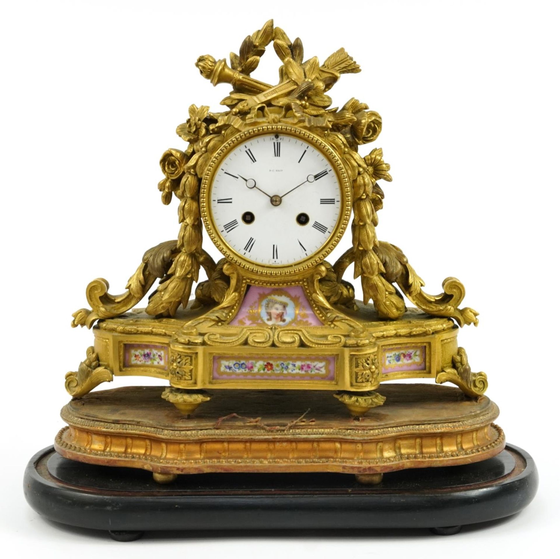 D C Rait, 19th century French Ormolu mantle clock striking on a bell with Sevres type panels hand - Image 2 of 5