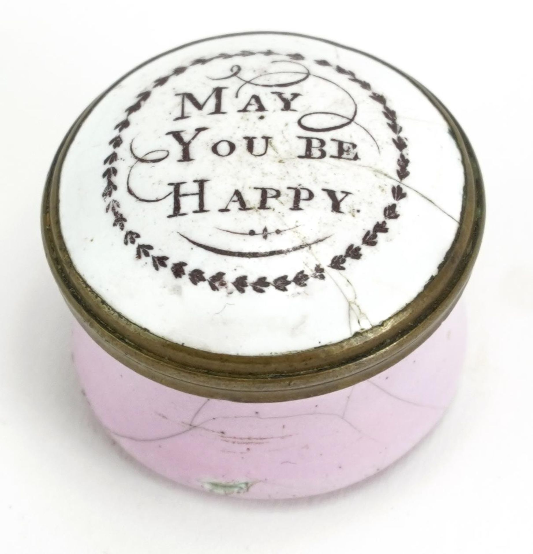 18th century Bilston enamel patch box with inscribed motto May you be happy, 2.0cm in diameter : For