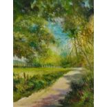 Derek C Baulcombe 2012 - Wooded landscape with pathway, oil, inscribed verso, exhibited at