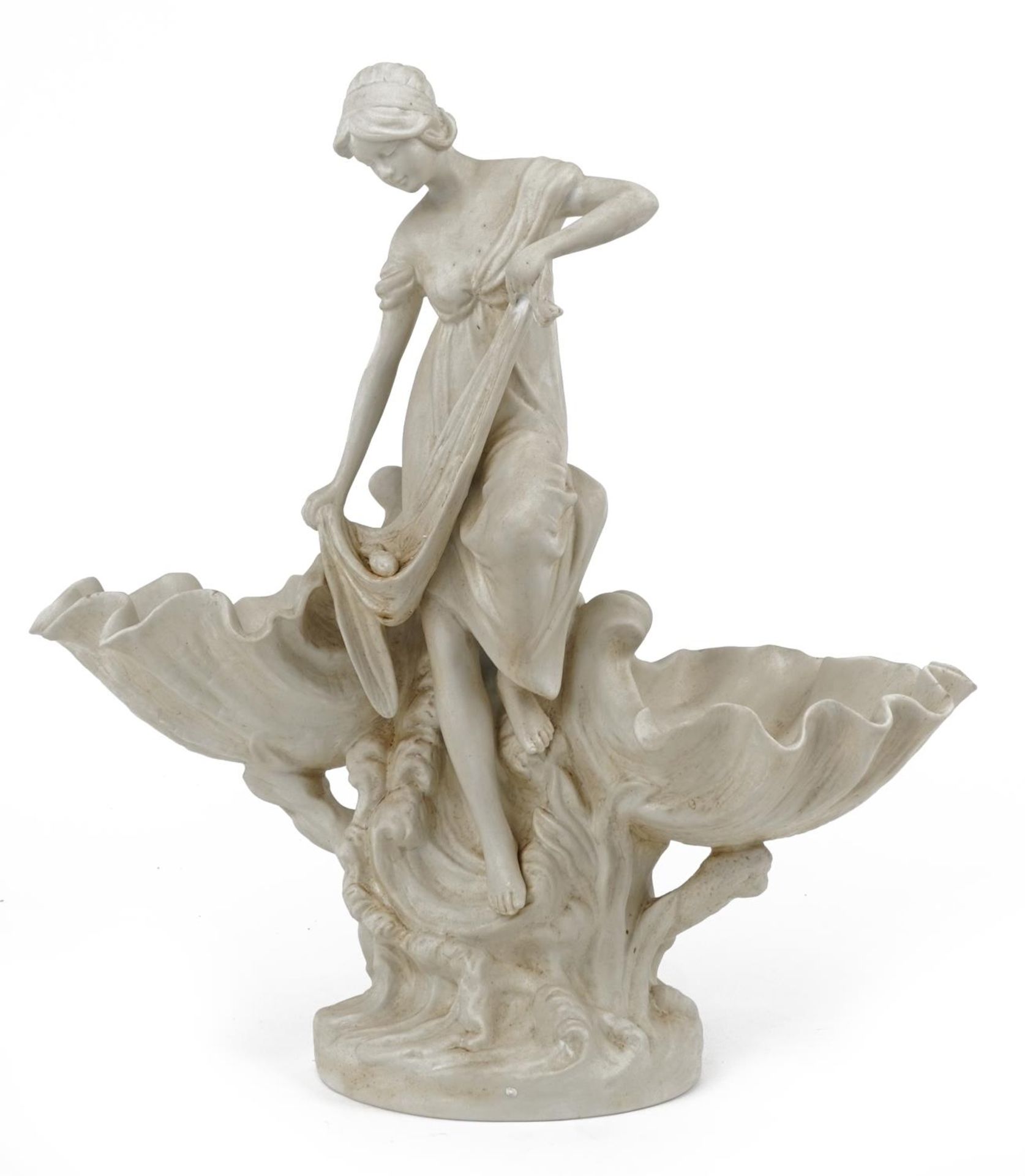 Continental Parian style centrepiece of a female with two shells, blue crossed sword marks to the