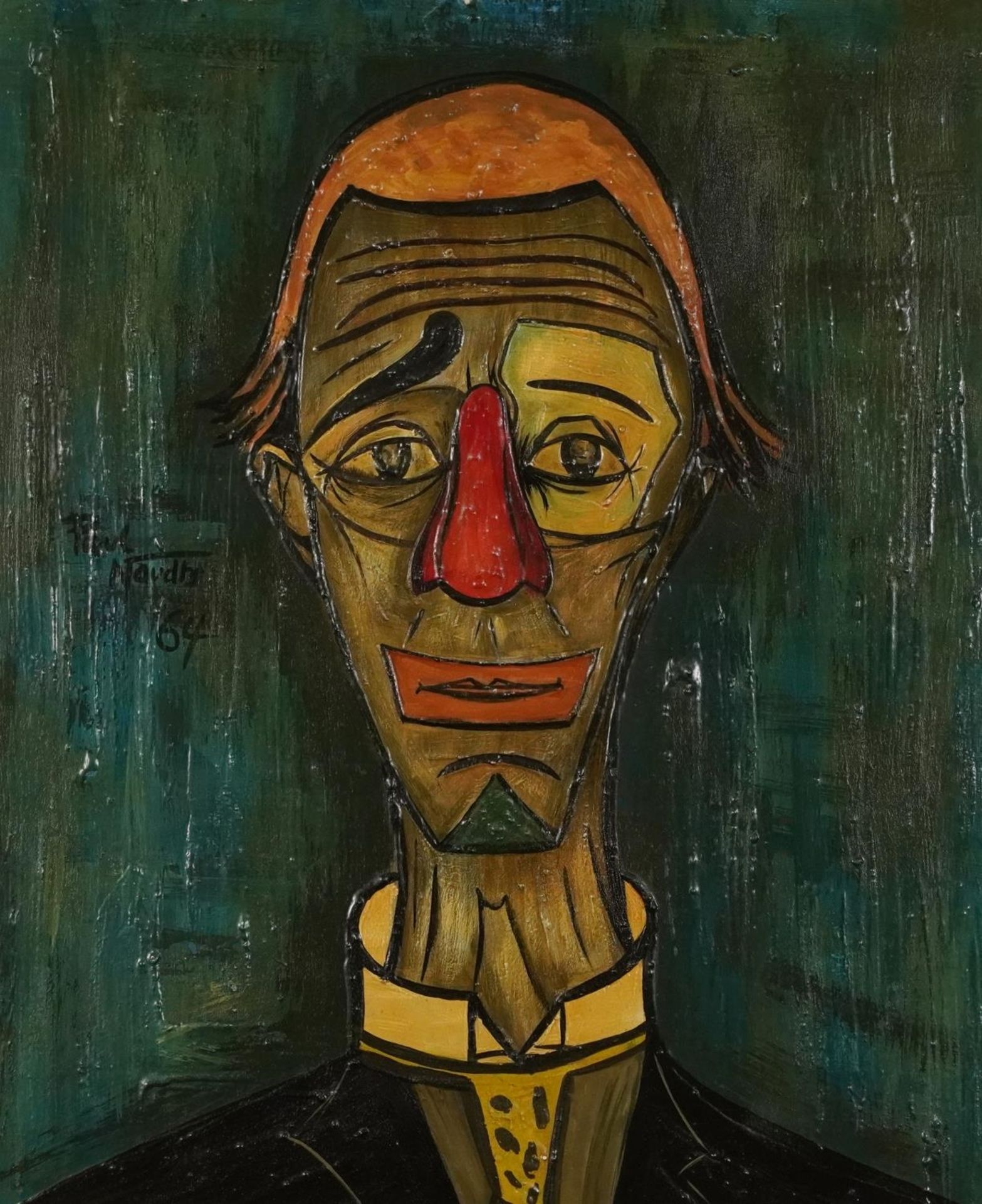 Manner of Bernard Buffet - Head and shoulders portrait of a clown, 1960s oil on board, mounted and