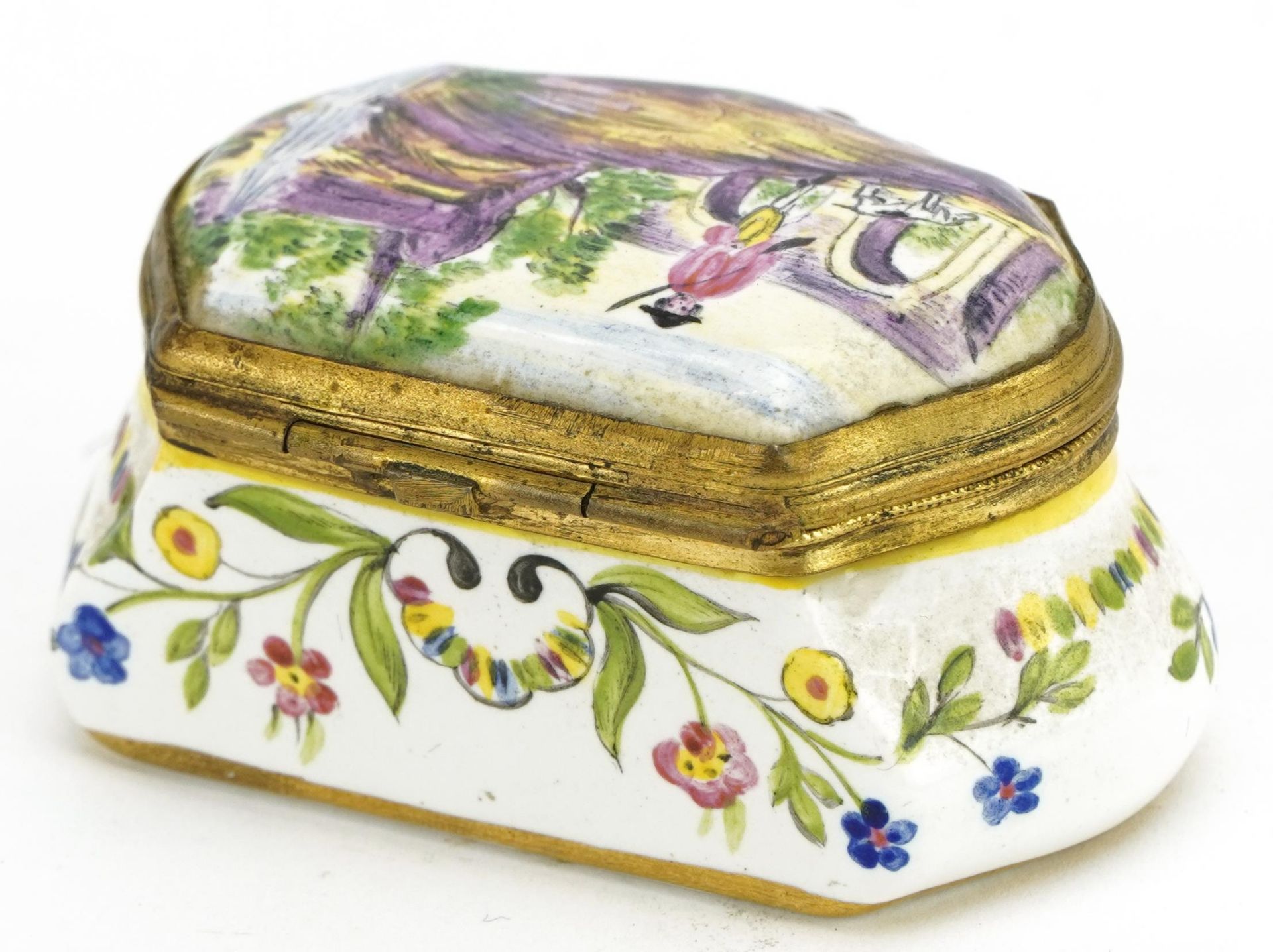 19th century European faience glazed patch box hand painted with a figure with dog and flowers, - Image 3 of 5