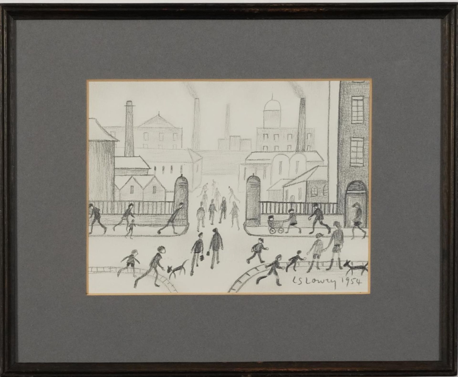 Manner of Laurence Stephen Lowry - Industrial scene with figures, Manchester school pencil, mounted, - Bild 2 aus 4