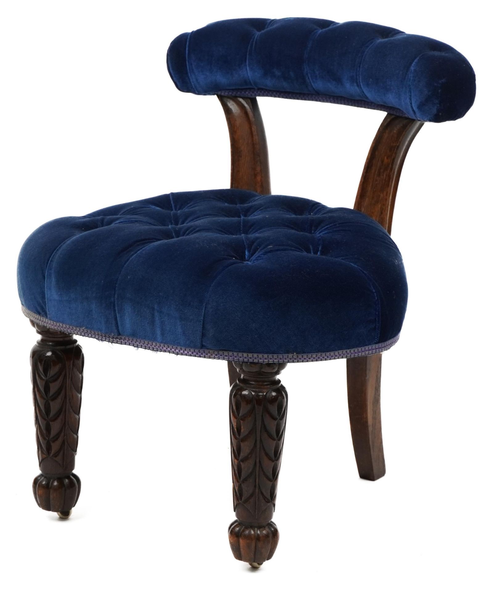Victorian carved oak bedroom chair with blue button back upholstery, 64cm high : For further