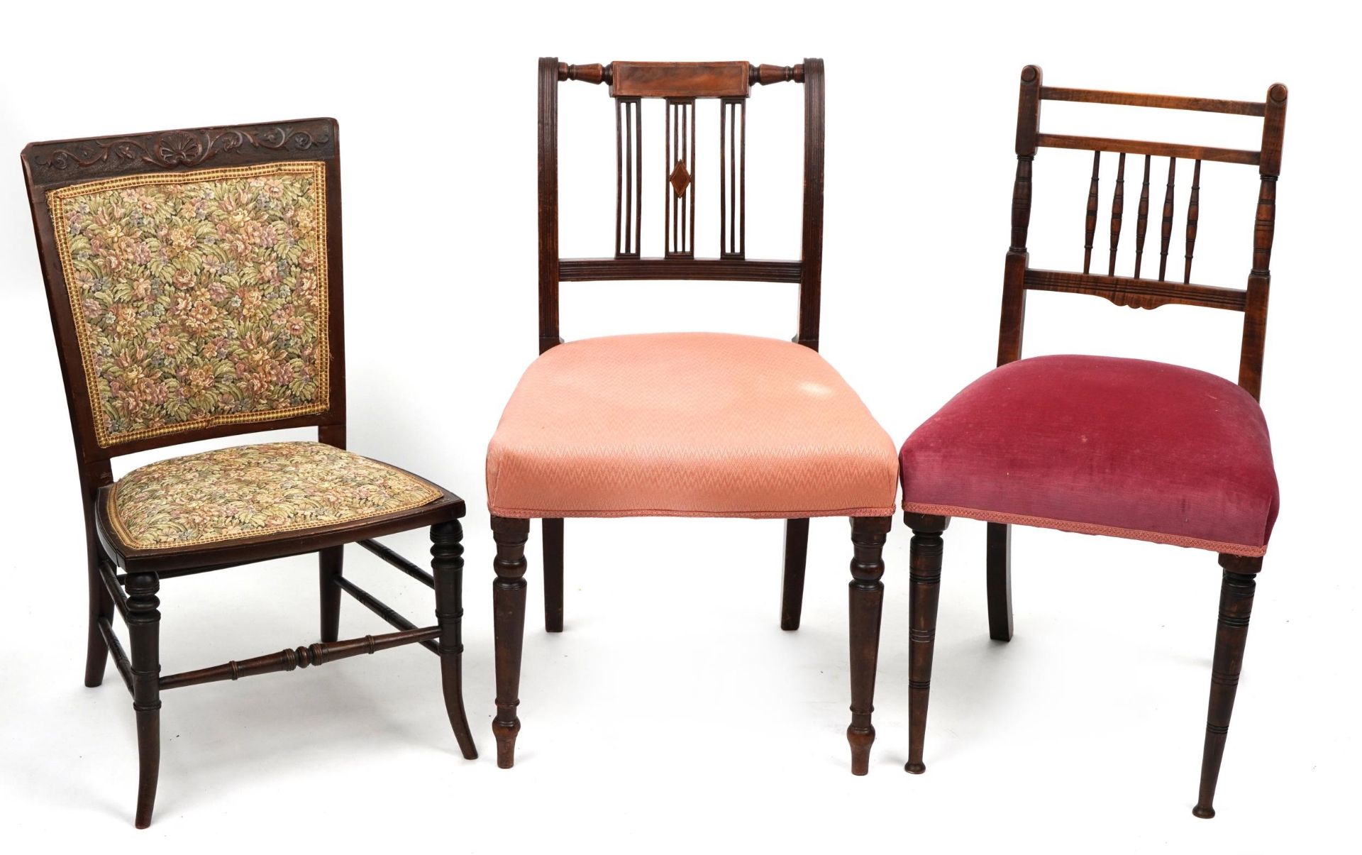 Three 19th century occasional chairs including an inlaid rosewood example, the largest 84cm high :