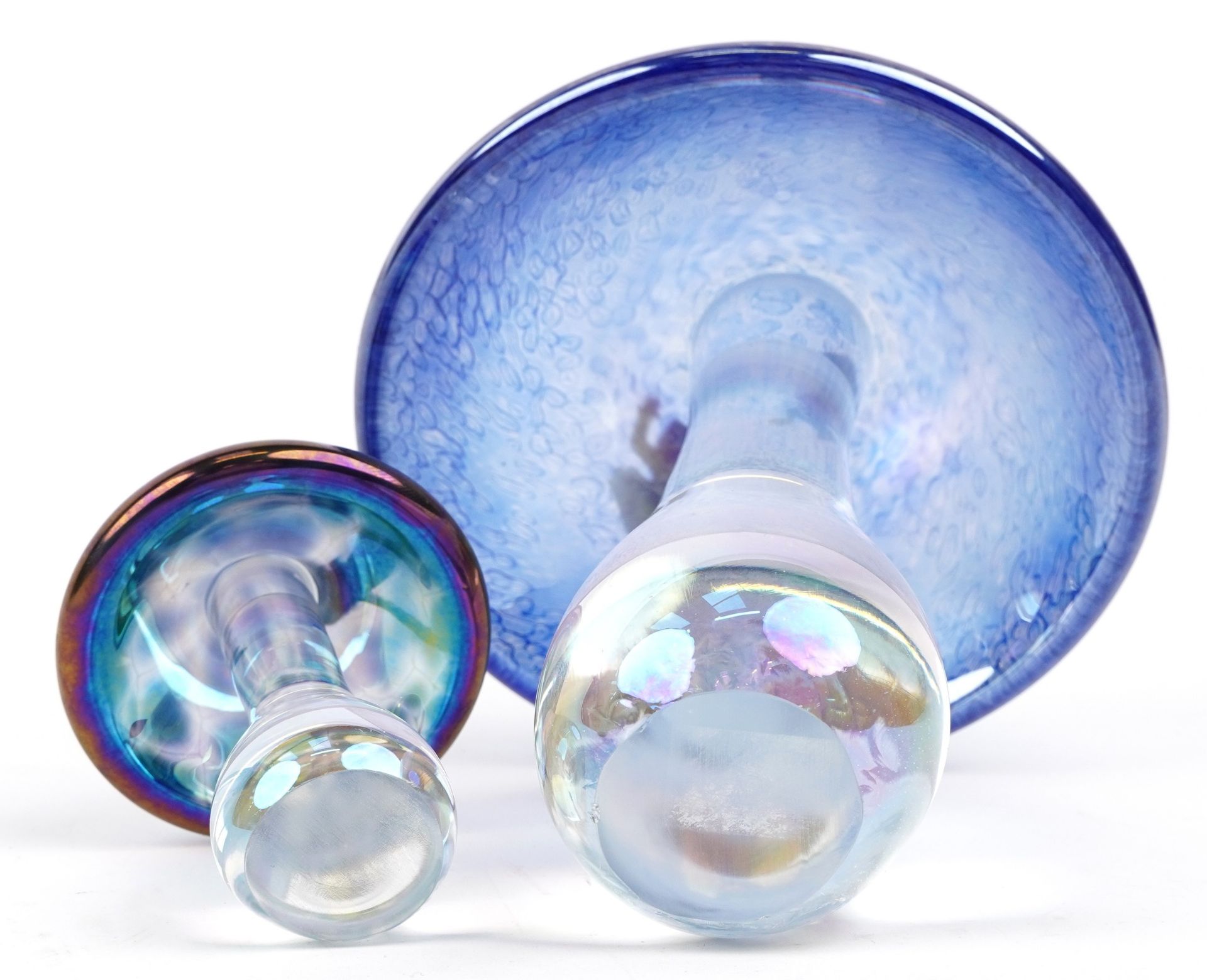 Manner of John Ditchfield, two iridescent toadstool glass paperweights mounted with a white metal - Bild 2 aus 2