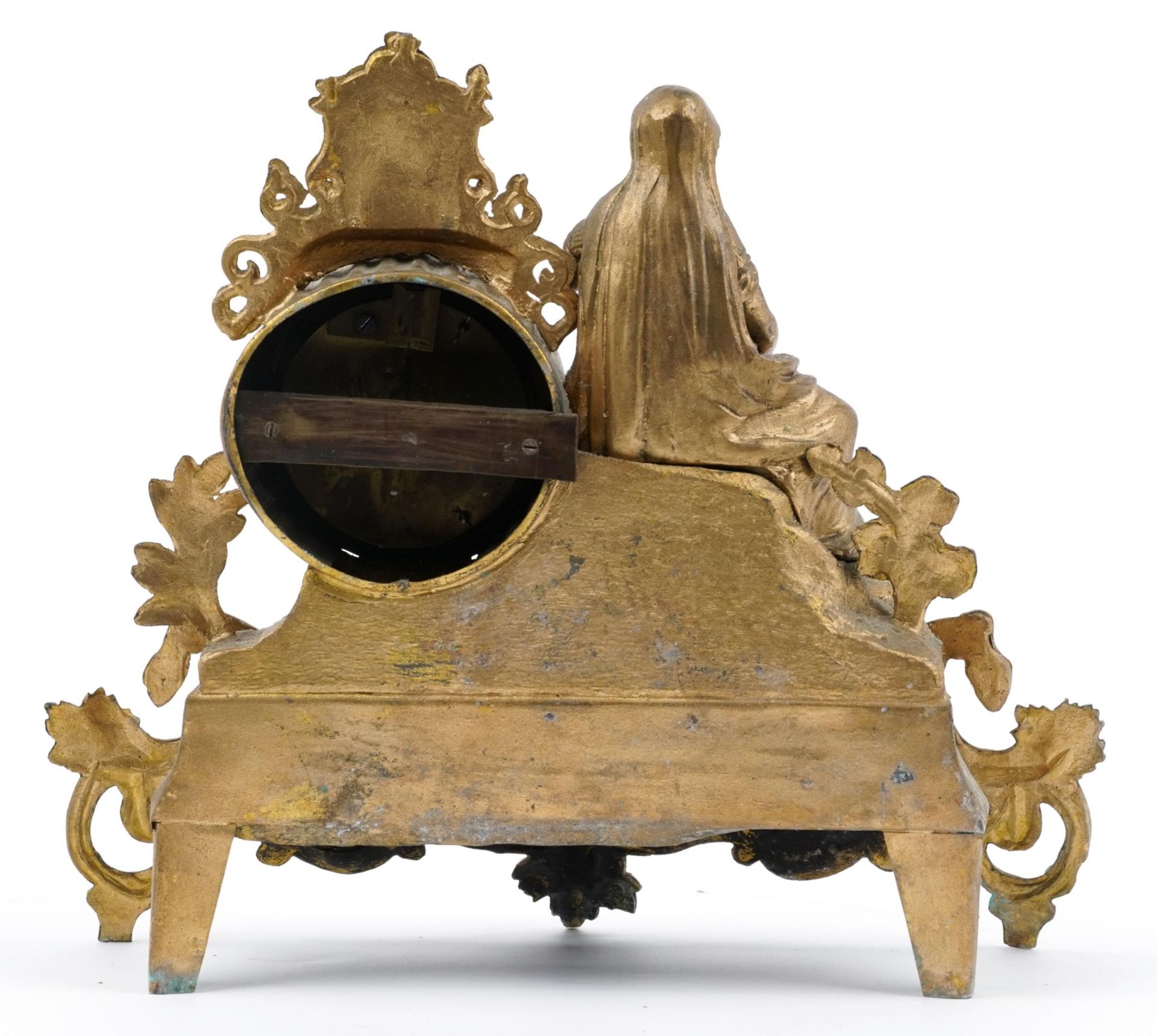 French gilt spelter mantle clock mounted with a maiden, the enamelled dial with Roman numerals, 32cm - Image 2 of 4