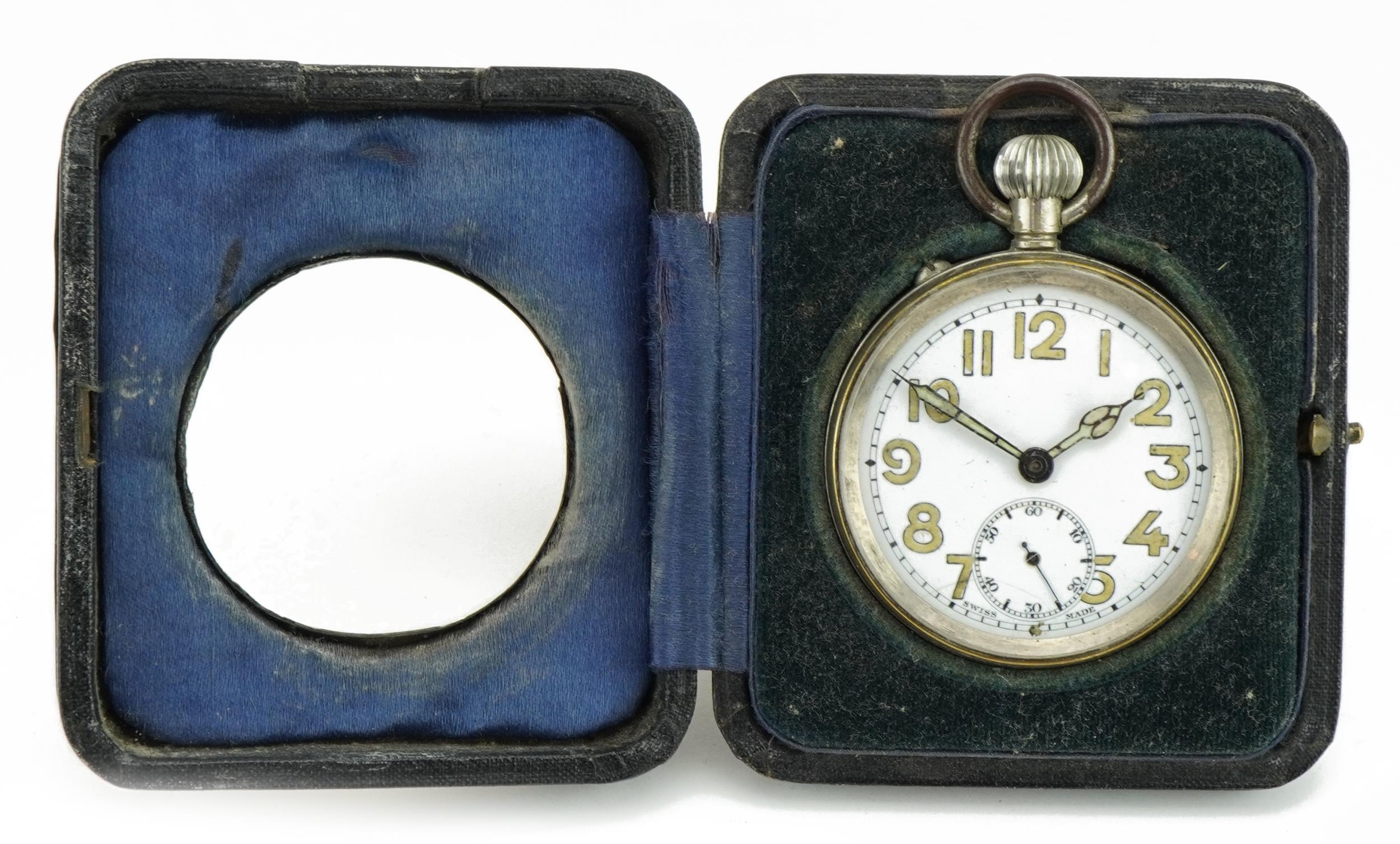 Gentleman's open face pocket watch with military type dial housed in a silver mounted strut pocket - Image 3 of 5