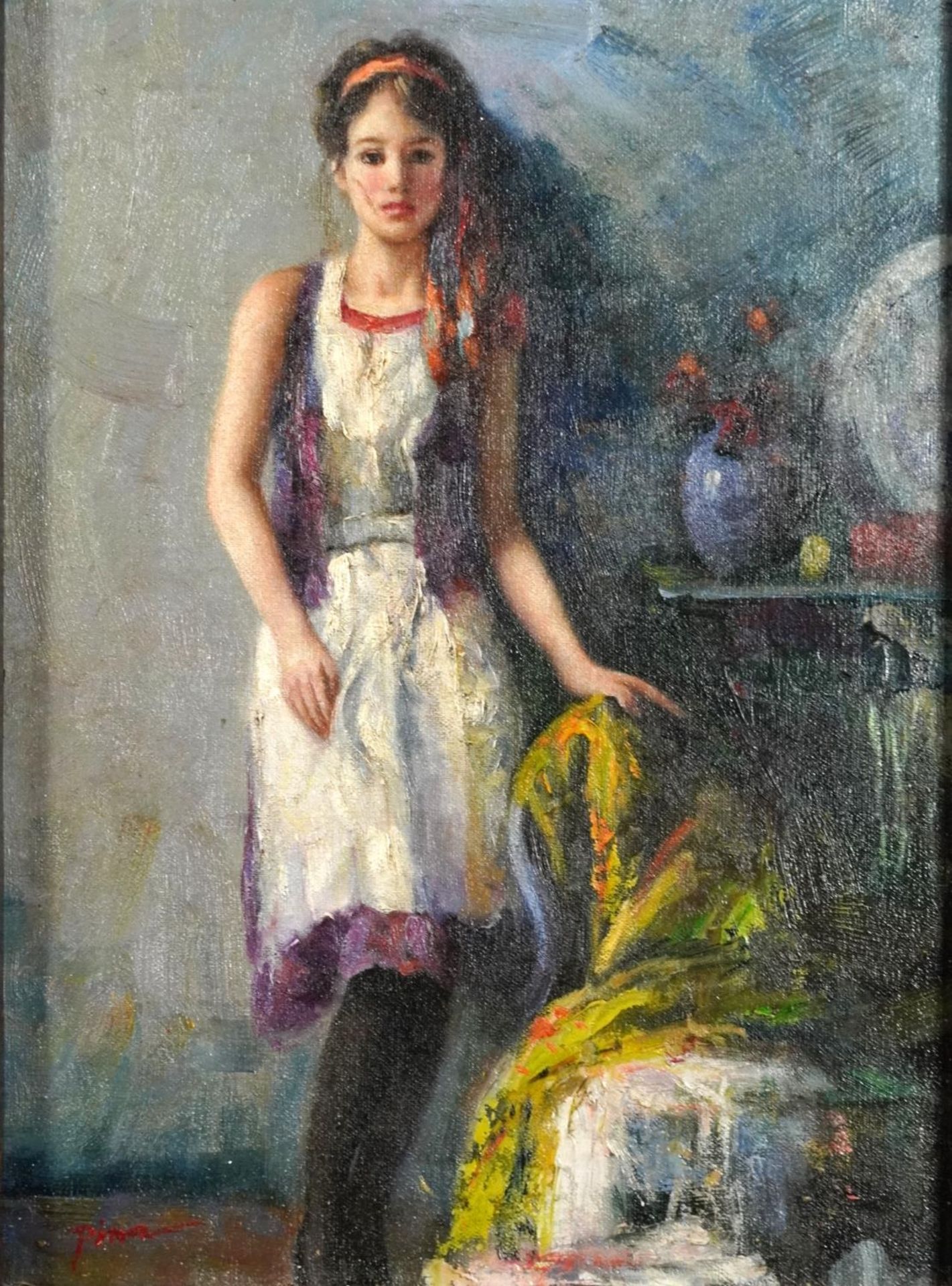 Manner of Pino Daeni - Female beside flowers, Italian school oil on board, housed in a frame