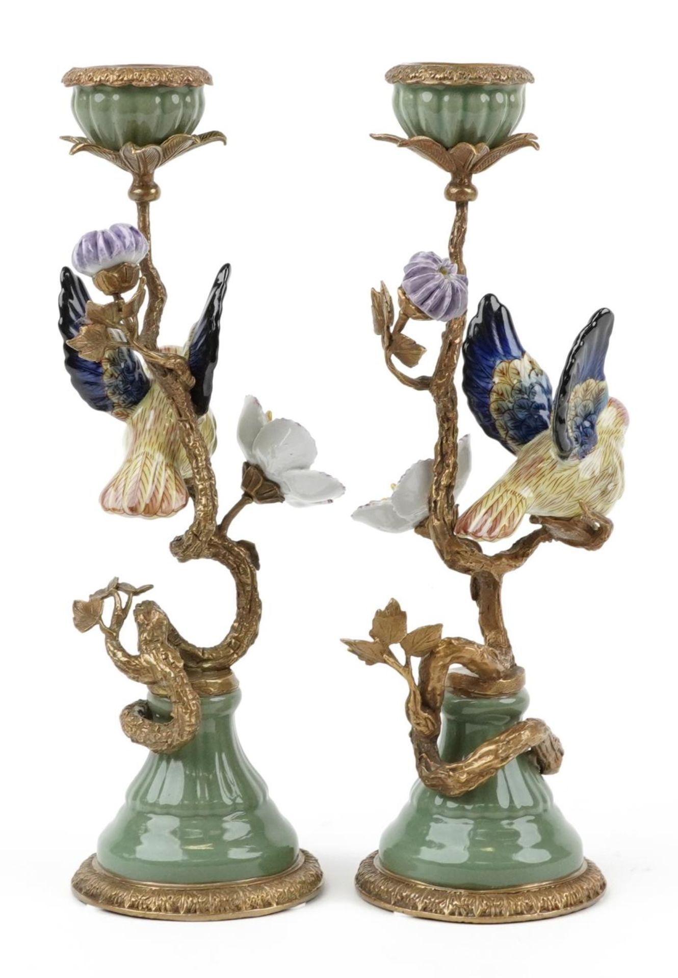 Pair of antique style porcelain and bronze candlesticks in the form of a birds on branches with - Image 2 of 4