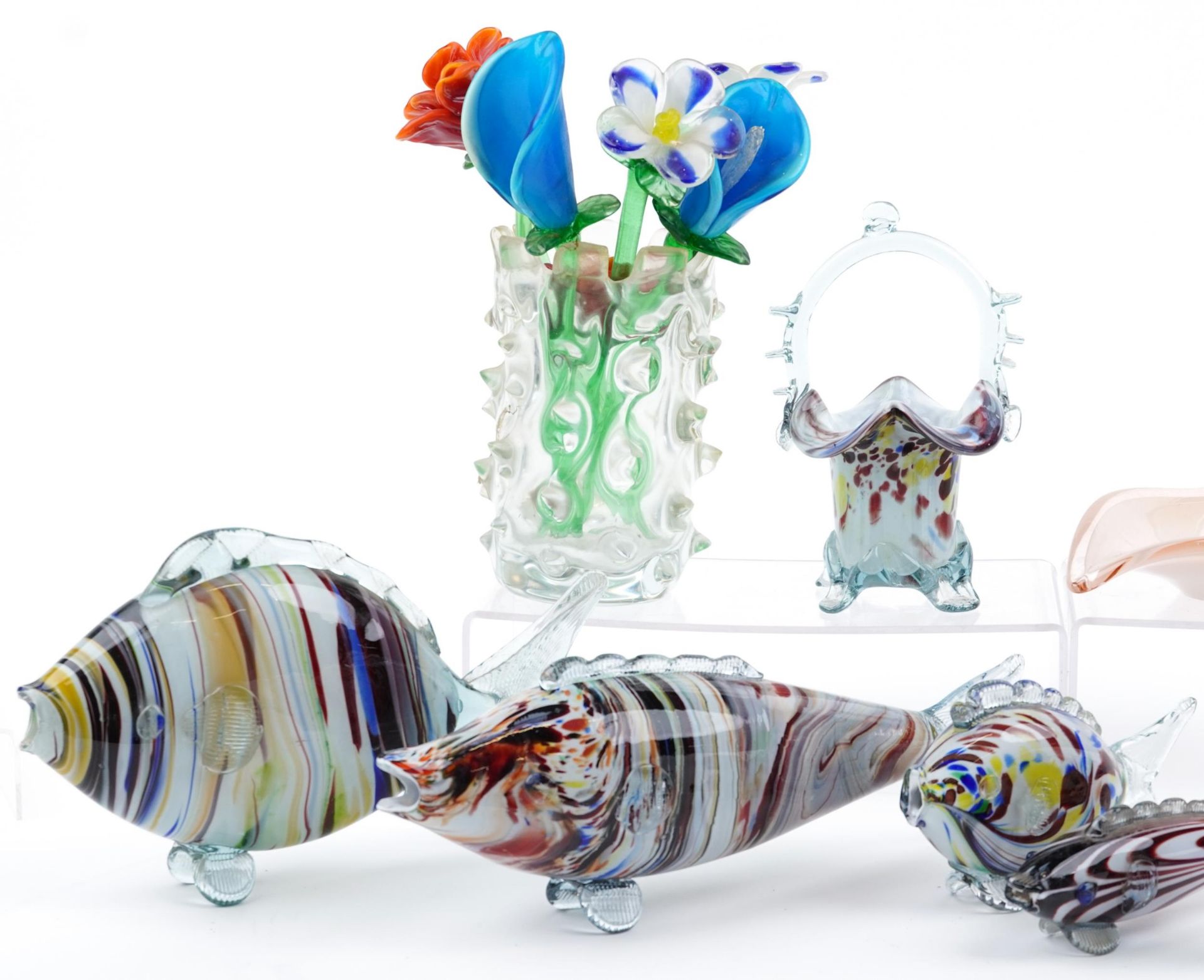 Art glassware including Venetian glass flowers, Murano fish and Mdina glass, the largest 35cm in - Image 2 of 3