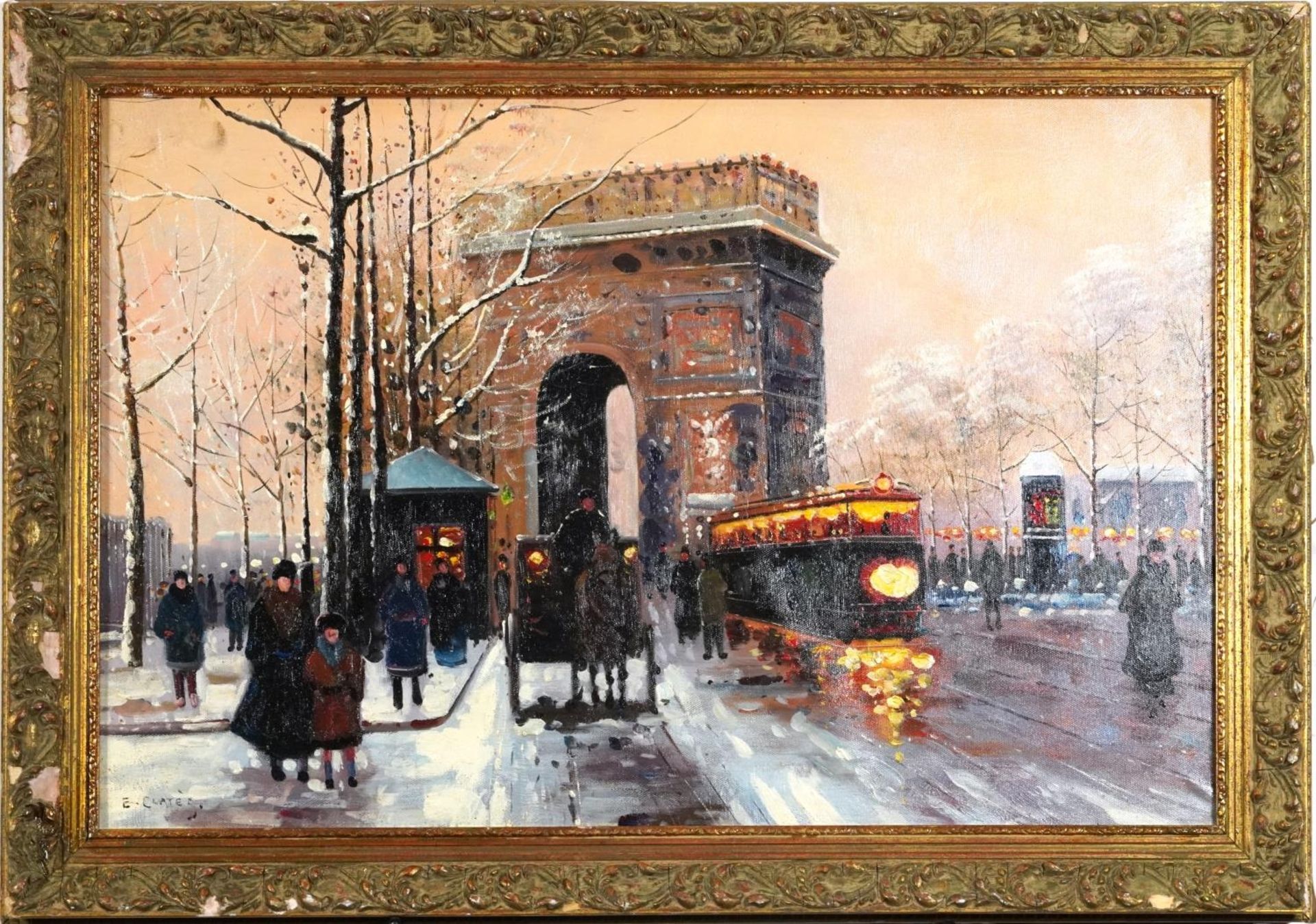 Busy street scene before the Arc de Triomphe, French school oil on board, mounted and framed, 59.9cm - Image 2 of 4