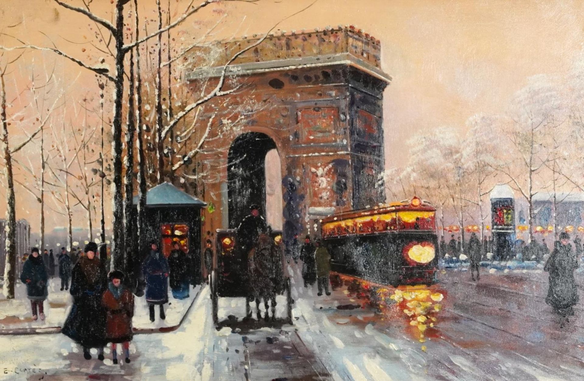 Busy street scene before the Arc de Triomphe, French school oil on board, mounted and framed, 59.9cm