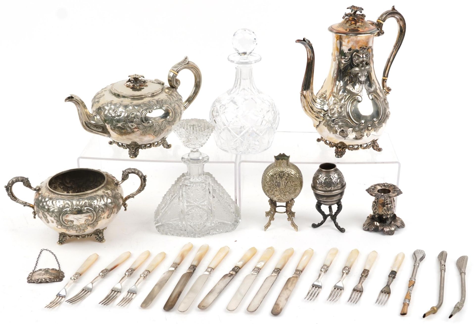 Silver, silverplate and glassware including two cut glass decanters, one with silver brandy decanter