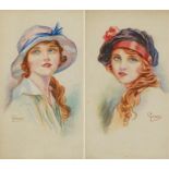 Jiuliano - Art Nouveau females wearing hats, pair of Italian watercolours, mounted and framed as