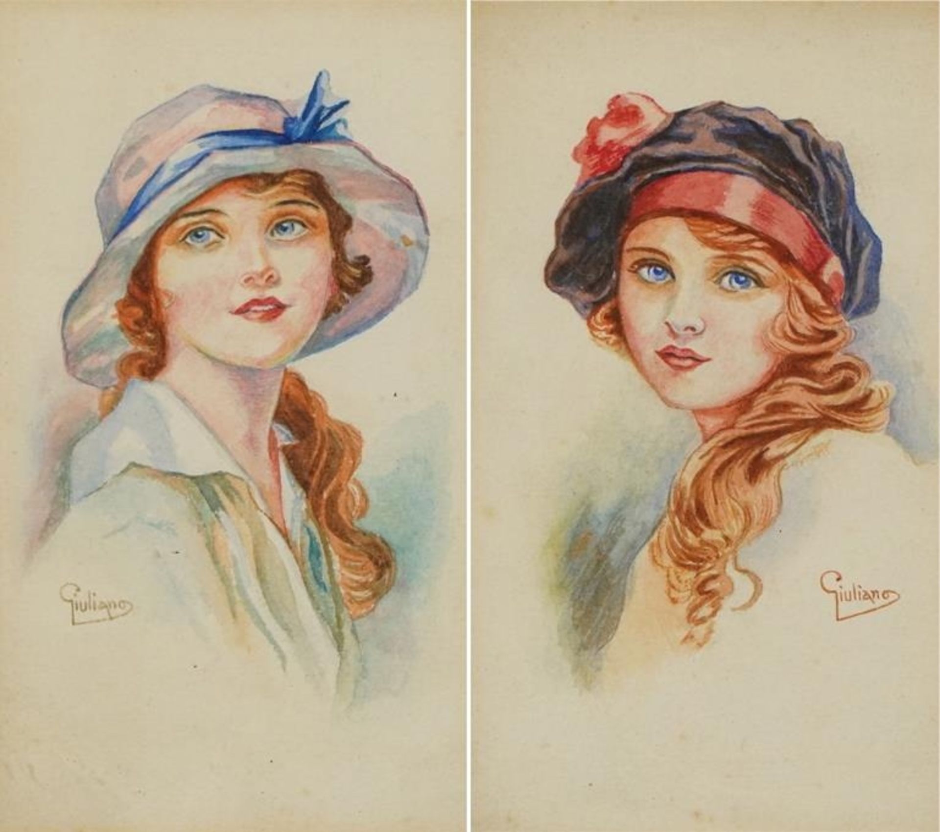 Jiuliano - Art Nouveau females wearing hats, pair of Italian watercolours, mounted and framed as