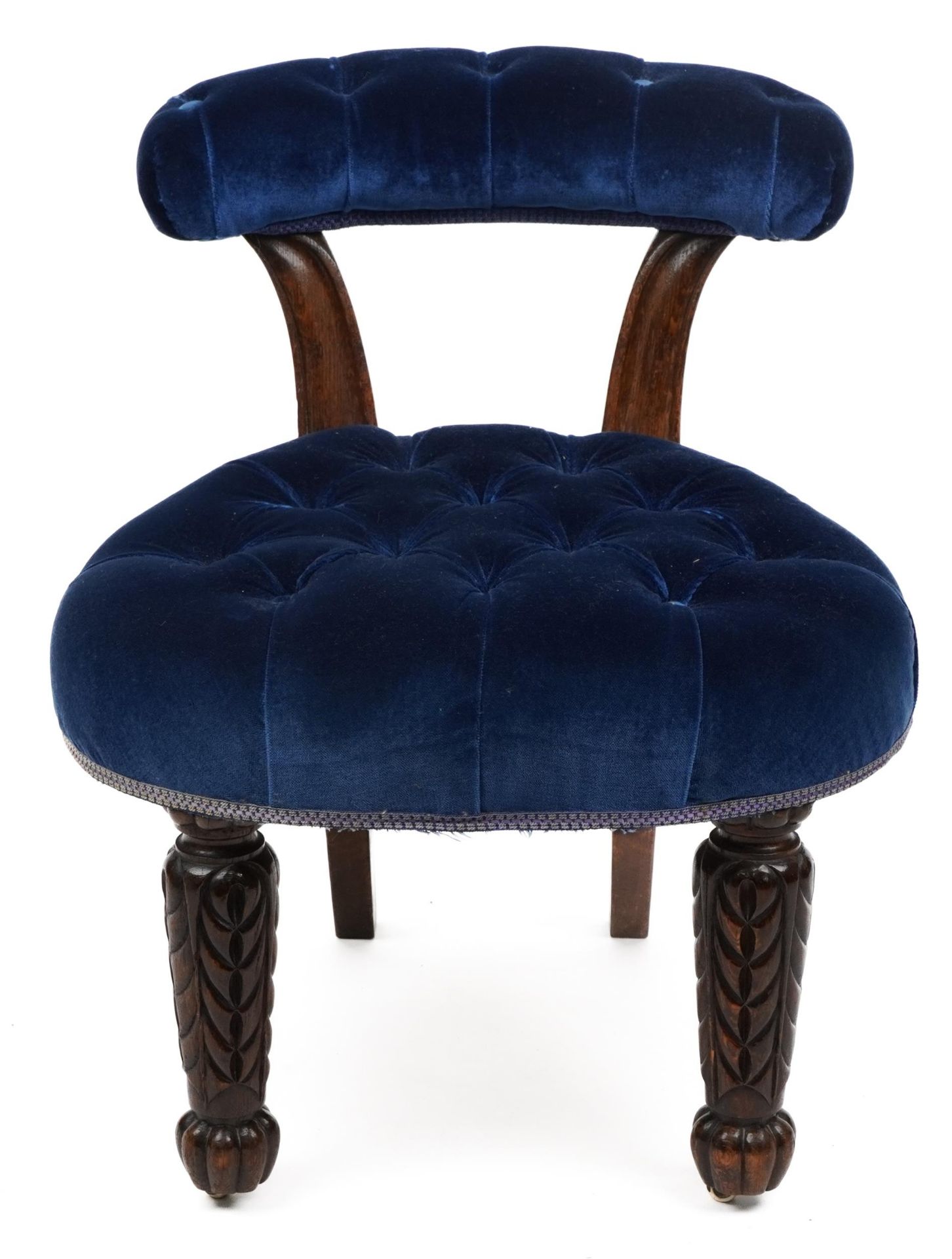 Victorian carved oak bedroom chair with blue button back upholstery, 64cm high : For further - Image 2 of 3