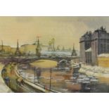 River landscape with buildings, Moscow, heightened Russian mixed media, inscribed to the mount in