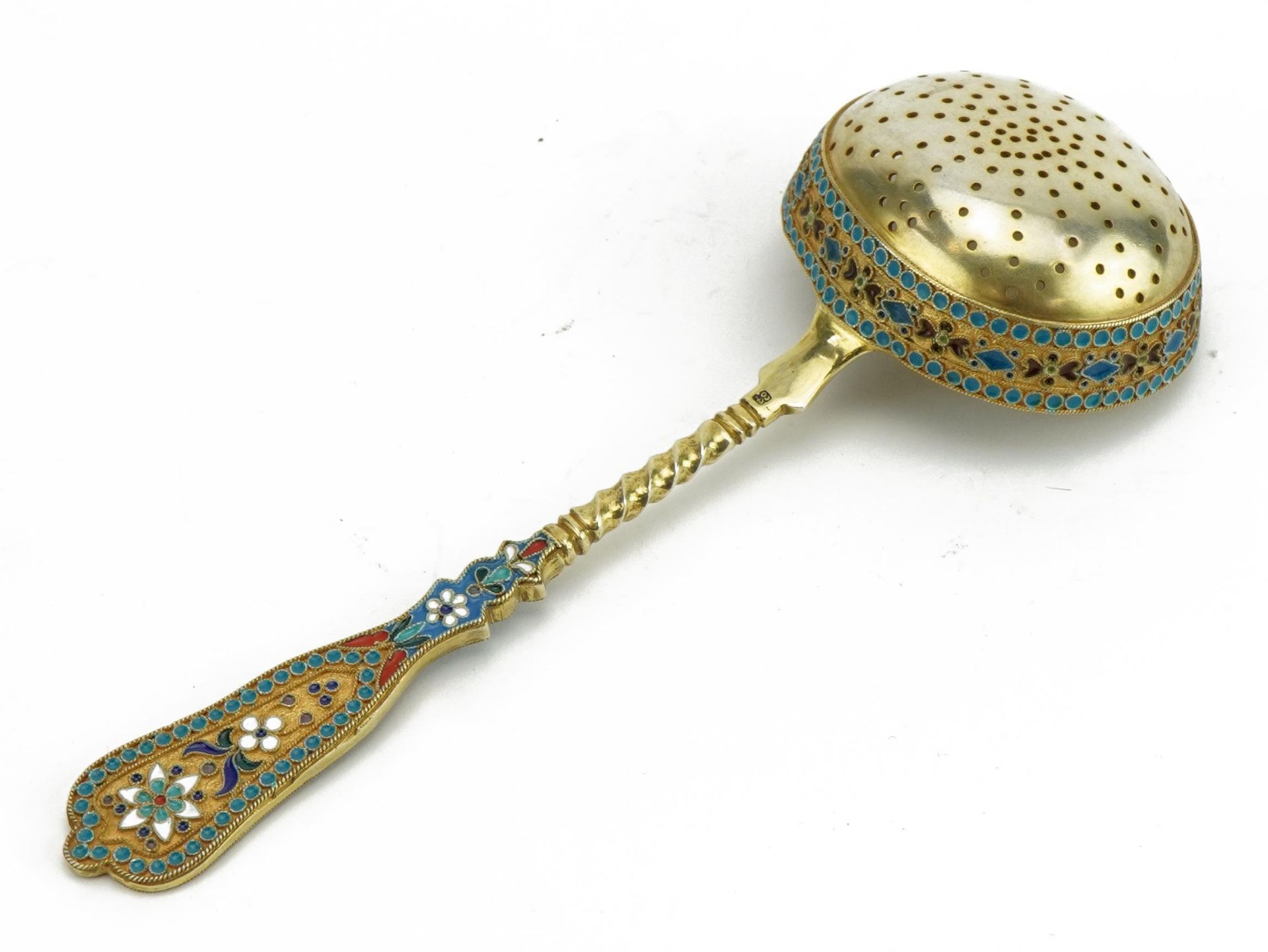 Silver gilt champleve enamel sifting spoon, impressed Russian marks, 16.5cm in length, 72.3g : For - Image 2 of 2