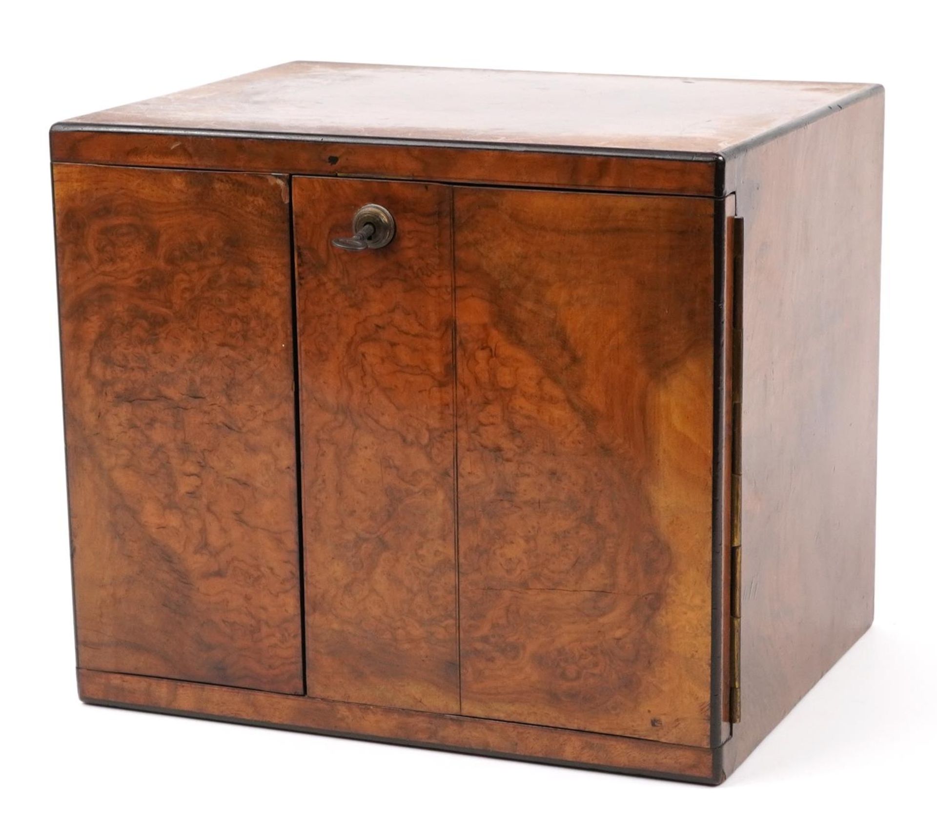 Victorian burr walnut campaign style cigar chest with opening front enclosing two drawers with inset