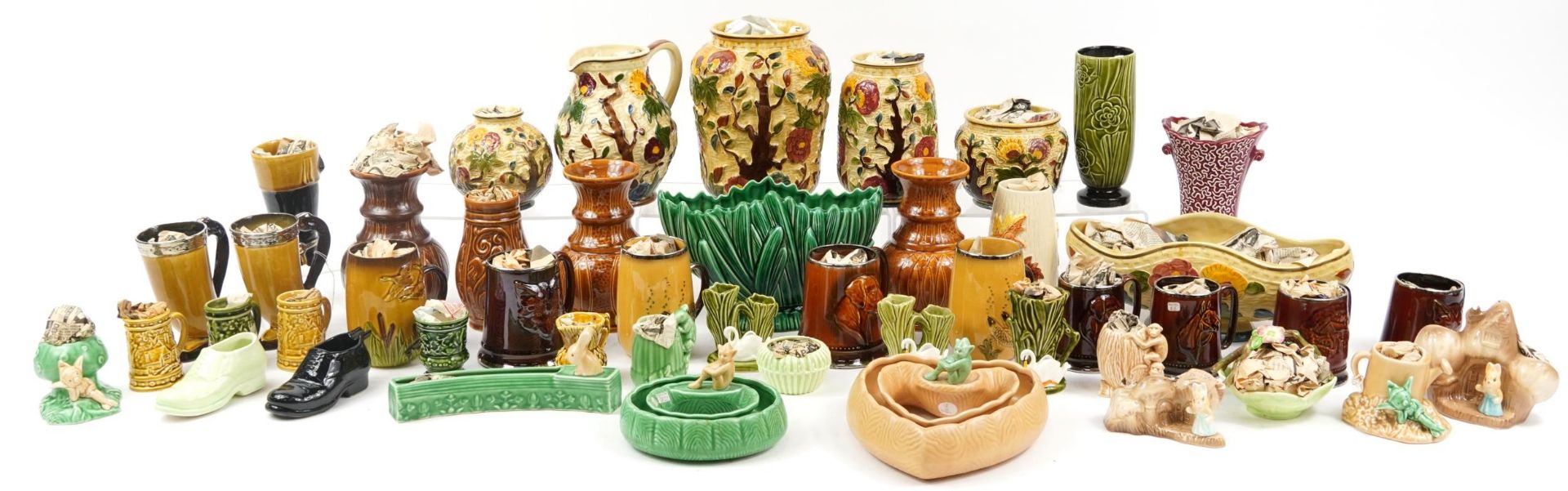 Large collection of vintage Sylvac porcelain including tankards, vases and jugs, some mounted with