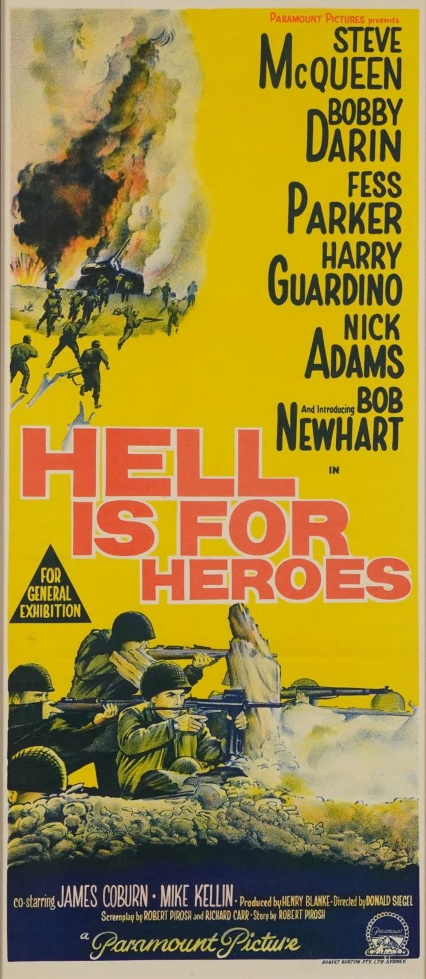 Steve McQueen interest Hell is for Heroes film poster published Robert Burton PTY Ltd Sydney, framed